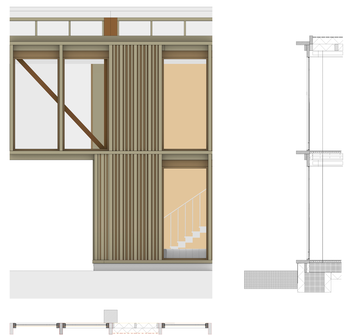 Facade fragment: glazing, timber and brick